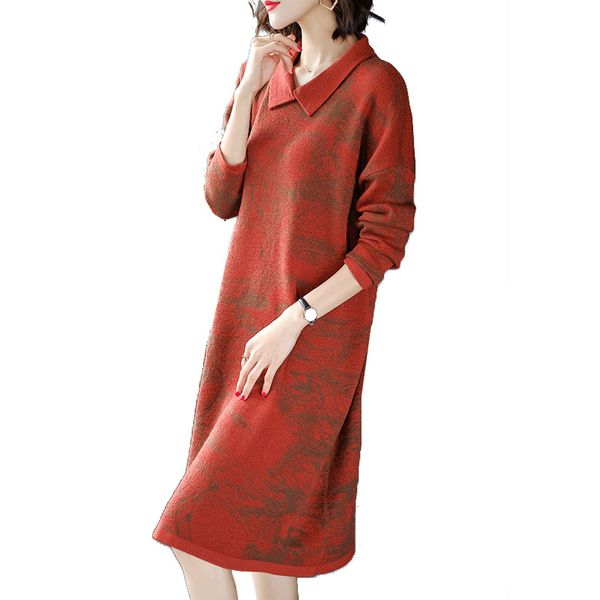 

2021 new large size 5xl women's dresses fall/winter mid-length skirt doll collar sweater high waist a-line dress new style rvq7, Black;gray