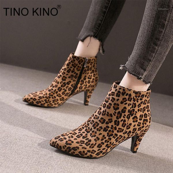 

boots women zip pointed toe ankle ladies flock fashion leopard short female plush spike high heels casual shoes1, Black