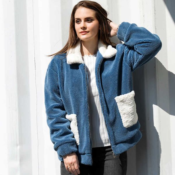 

elegant faux fur coat women 2021 autumn winter warm soft zipper fur jacket female plush overcoat pocket casual teddy outwear, Black