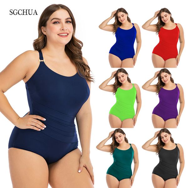 SGCHUA Yeni Artı Boyutu Mayolar Tek Parça 6XL Katı Siyah Mavi Kırmızı kadın Mayo Plaj Büyük Mayo Büyük Yağ Bodysuit T200708