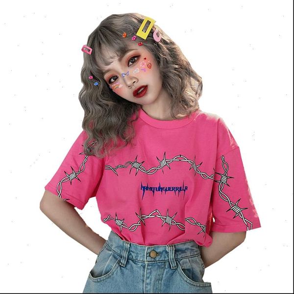 

womens t shirt 2021 summer thorn print harajuku personality short sleeved casual ulzzang style bf fashion women clothing, White