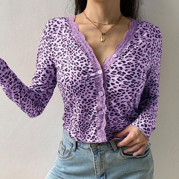 

leopard print lace y2k aesthetic autumn long sleeve v neck buttons cardigan crop women short coat tshirt femme, White