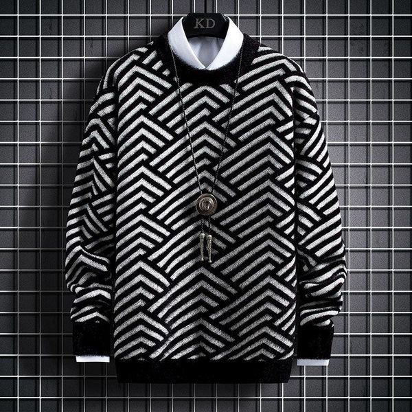 

autumn and winter round-neck sweater men's loose korean youth personality striped sweater trend men's trend, White;black