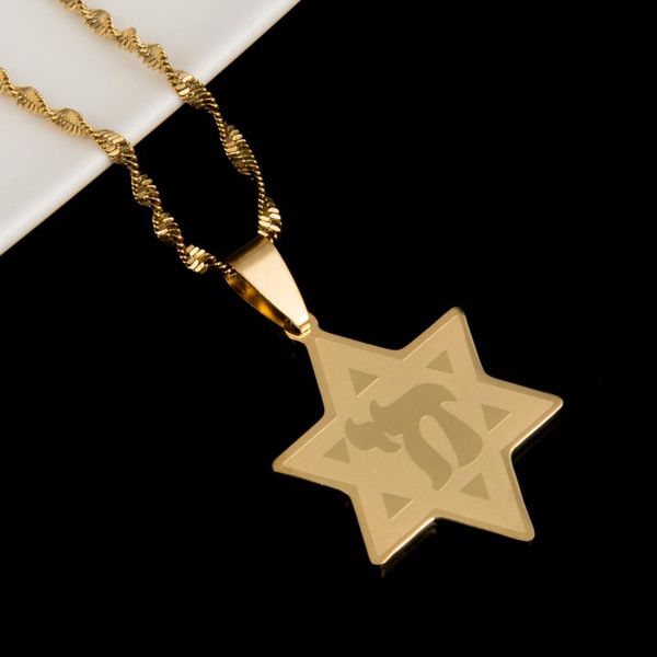 

stainless steel trendy star of david w/chai symbol pendant necklace jews star chain jewelry, Silver