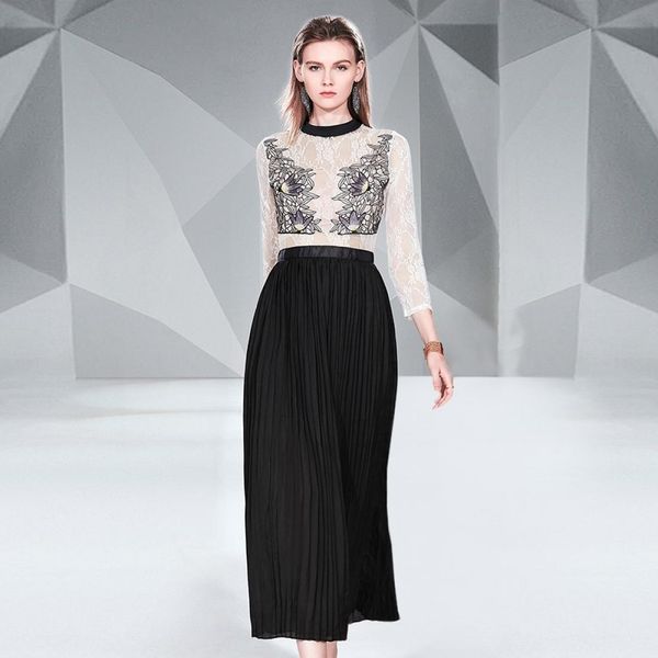 

contrast lace pleated long sleeve dress, Black;pink
