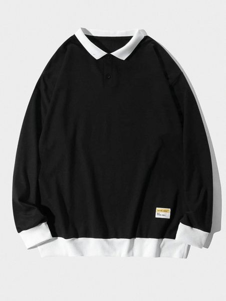 

men letter patched contrast collar sweatshirt l97t#, Black
