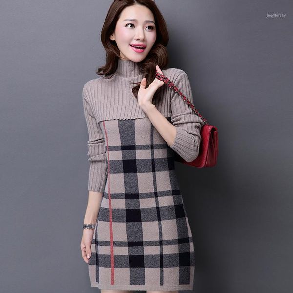 

wholesale-turtleneck plaid long sweater dress for woman 2016 autumn winter patchwork fashion slim computer knitted woolen dress female1, White;black