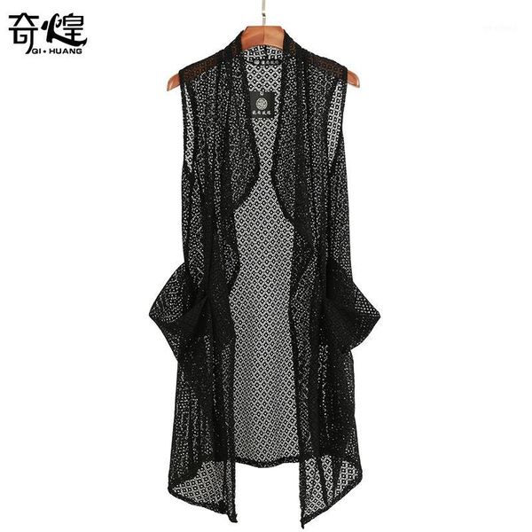 

men's vests 2021 men's clothing hair stylist gd fashion summer individual hollow out middle length thin vest cardigan singer costu, Black;white