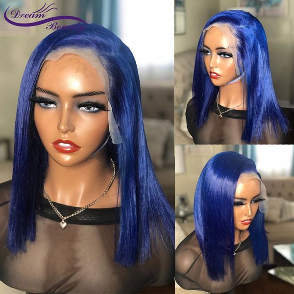 

blue bob lace front human hair wigs 180% 13x6 brazilian remy straight short lace wig pre plucked with baby hair dream beauty, Black;brown