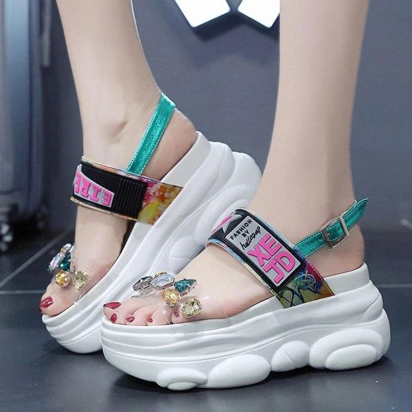 

9cm/3.9 inch height wedge open toed sandals fashion shoes woman summer rhinestone flat platform chunky sandals sandalias mujer #tg0w, Black