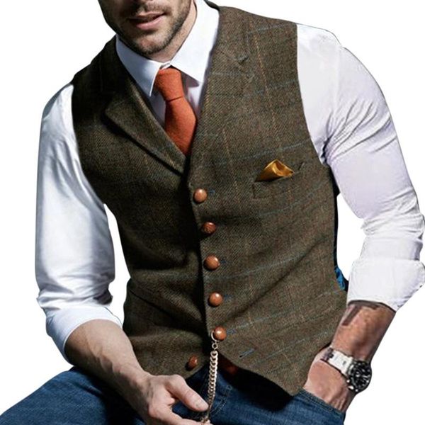

mens suit vest notched plaid wool herringbone tweed waistcoat casual formal business groomman for wedding green/black/green/grey, Black;white