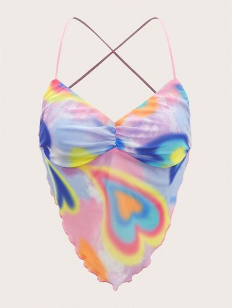 

tie dye and heart print lettuce trim mesh cami 729o#, White