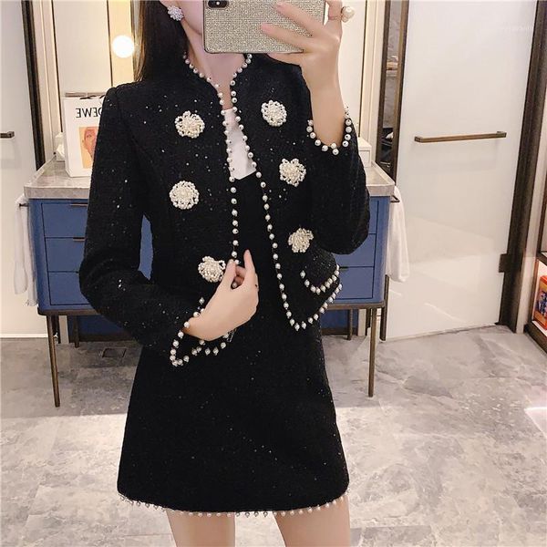 

two piece dress 2021 autumn winter runway black shinny tweed 2 set women beading pearls short jacket coat + mini woolen skirt suit1, White