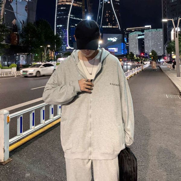 

sweater korean ins men's hooded cardigan autumn trend sports suit casual straight legged pants, Gray