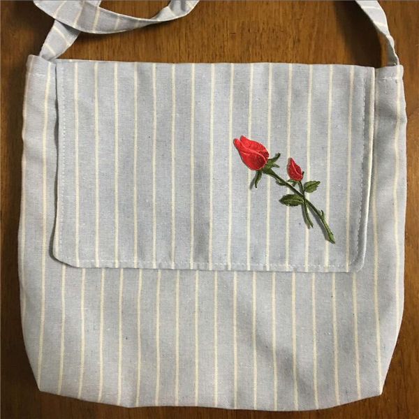

yilehandmade stripe cotton linen flap messenger bag embroider flower applique blue yilehandmade stripe visibility h jllcgv