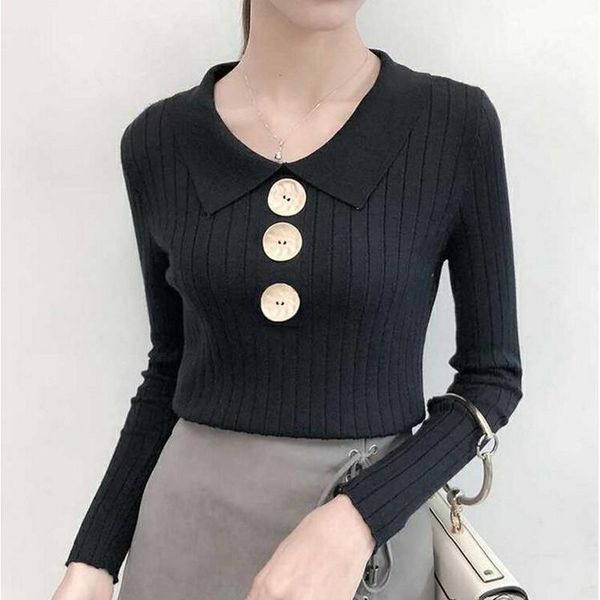 

2019 new autumn simple women sweater wild slim sweaterturn-down collar long sleeve clothes knitted casual solid elegant pullover1, White;black