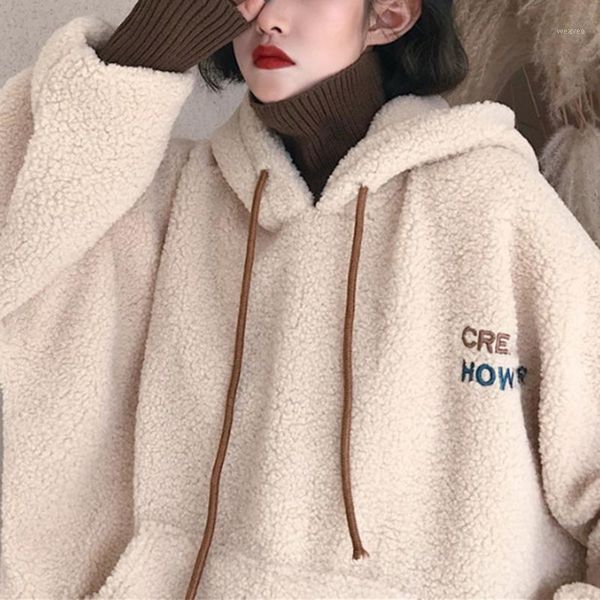 

women hoodies lamb wool fake two-piece hooded sweatshirts 2020 knitted halter coats ladies winter autumn warm pullovers1, Black