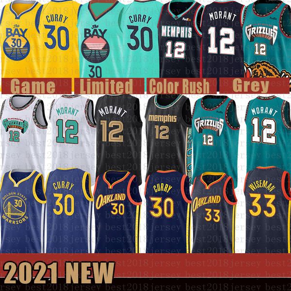 

2021 new memphis grizzlies new golden mens state warriors jersey stephen 30 curry james 33 wiseman ja 12 morant purple, Black;red