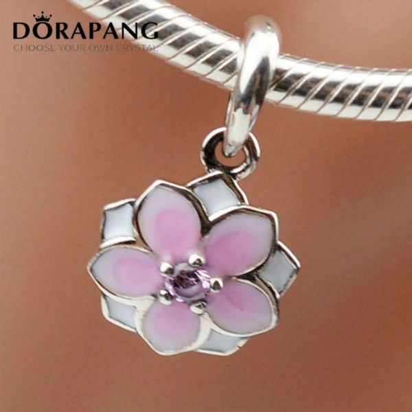

2021 new authentic 925 sterling silver bead charm pink enamel magnolia bloom crystal pendant beads fit women bracelet diy jewelry 2066, Black