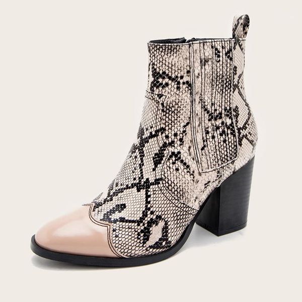 

boots women's pointed-toe patent leather snakeskin pattern side zipper square heel fashion large size 20211, Black