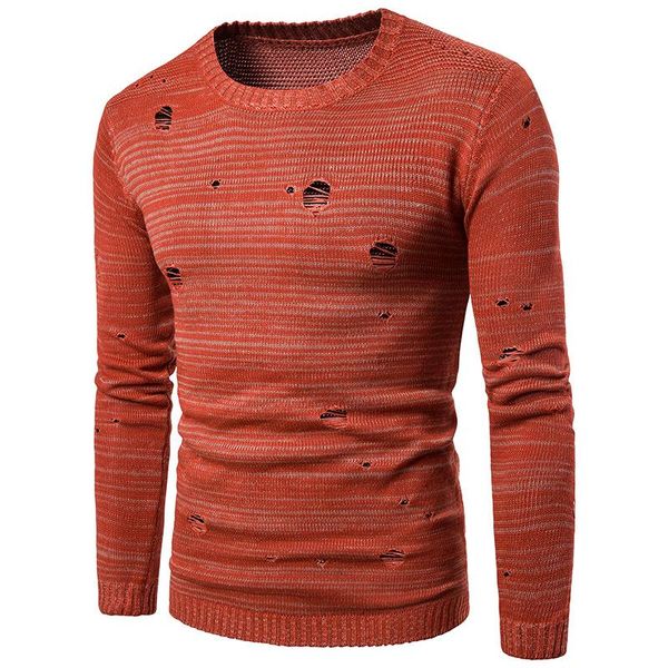 

men's autumn new sweaters solid color hole casual sweaters set round neck long sleeve sweater men's korean pullovers sweater, White;black