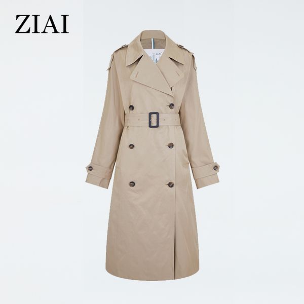 

ziai 2020 spring women jacket long coat warm lapel female windbreaker long sleeve lady casual stock ale zs-7246 1026, Tan;black