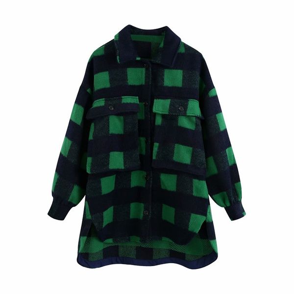 

2021 new stylish sweet plaid woolen shirt jackets women fashion pockets turn-down collar check jacket cute girls coat streetwear 1jeb, Black;brown