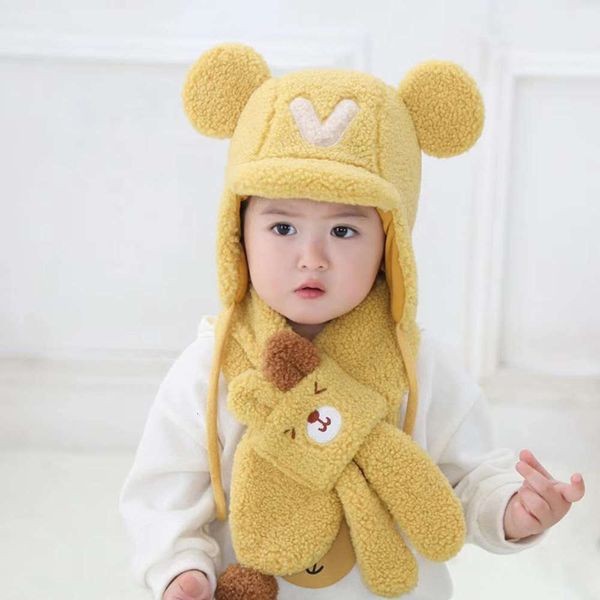 

warm children's scarf two piece plush set winter cartoon little bear collar boys and girls' ear protection lei feng hat, Red;brown