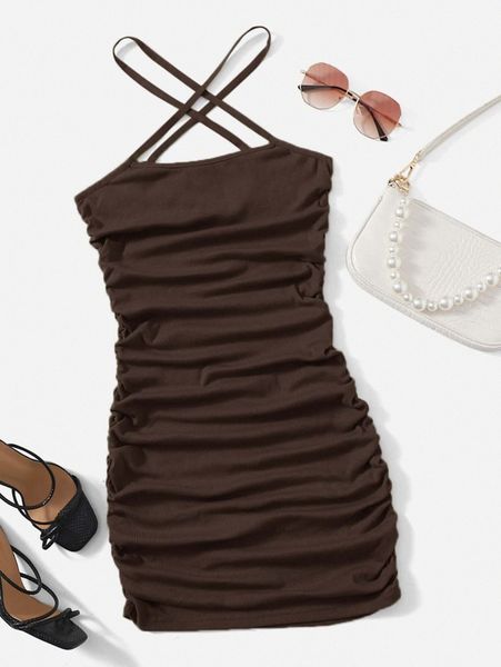 

ruched detail cross halter dress k08p#, Black;gray