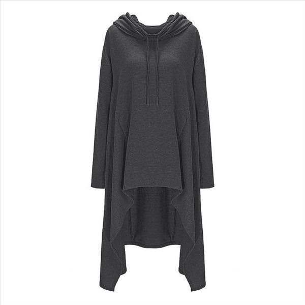 

women autumn 2021 new fashion long asymmetric casual hoodie solid multi color long sleeve drawstring hooded plus size sweatshirt, Black