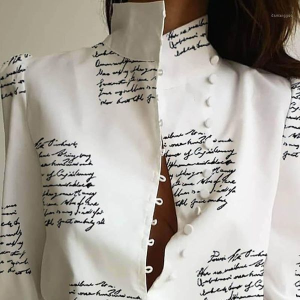 

women stand neck buttoned blouse shirt office ladies letter print puff long sleeve pullovers casual blouse blusas female1, White