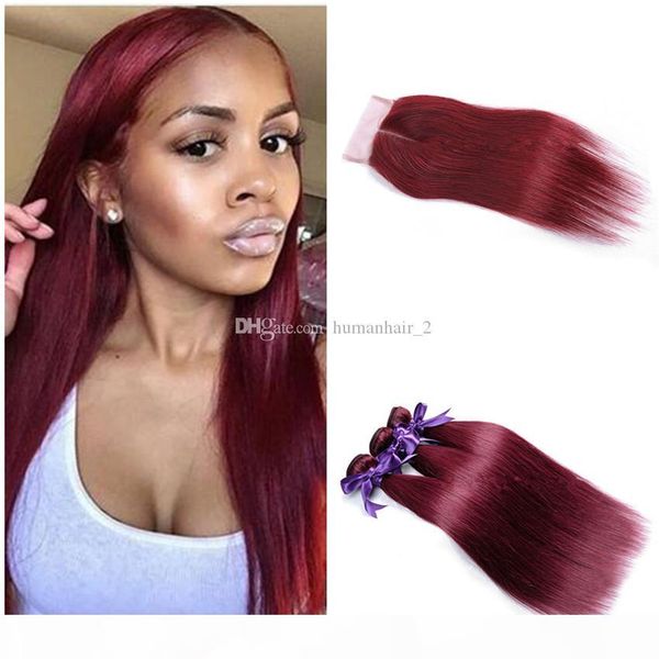 

99j burgundy malaysian virgin human hair bundles with lace closure 99j wine red silk straight lace closure with bundles, Black;brown