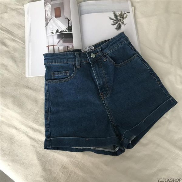 

new women's casual roll-up distressed denim shorts elastic waist elastic hemming jeans shorts loose button high waist, White;black