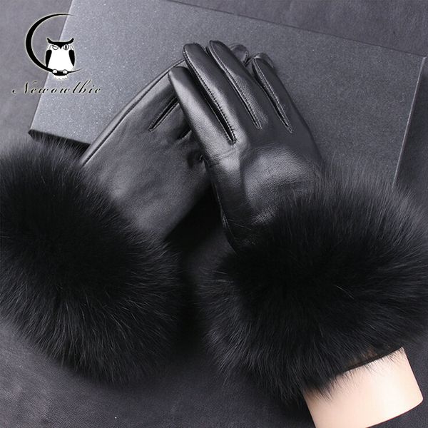 

real fox fur genuine black winter leather mittens gloves for women 201022, Blue;gray