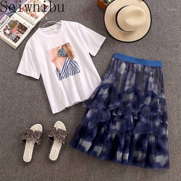 

2 pieces sets women casual two piece skirt sets korean chic t shirt ruffle midi skirt summer 20201, White