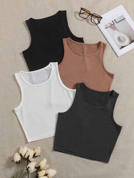 

plus 4pcs solid sleep tank w6ph#, Black;white