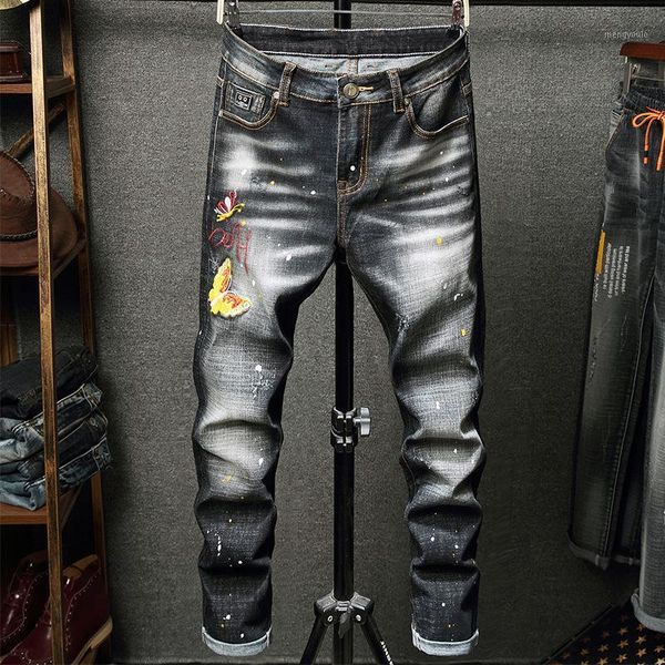 

original design new ripped slim jeans korean version men's elastic embroidered small leg denim pants fashion male trousers1, Blue