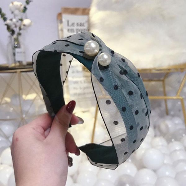 

korean wide side headband women sweet head hoop mesh yarn wave point pearl lace hairband beauty girls headdress hair hoop q bbyngm