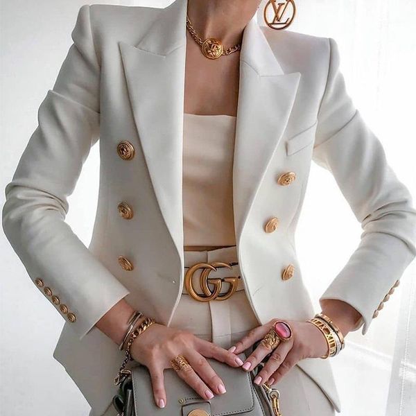 

2020 solid color double breasted women blazer fashion suit collar long sleeve slim blazer1, White;black