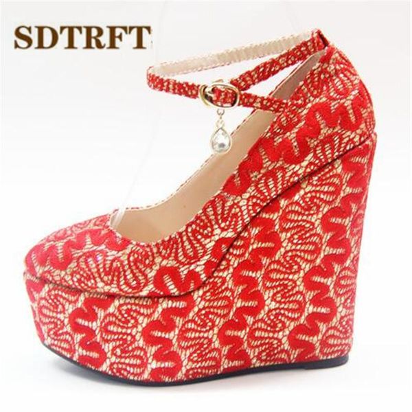 

sdtrft red lace pumps platform shoes woman 15cm high heeled zapatos mujer buckle wedges stiletto small yards:30,31,32,33-43, Black