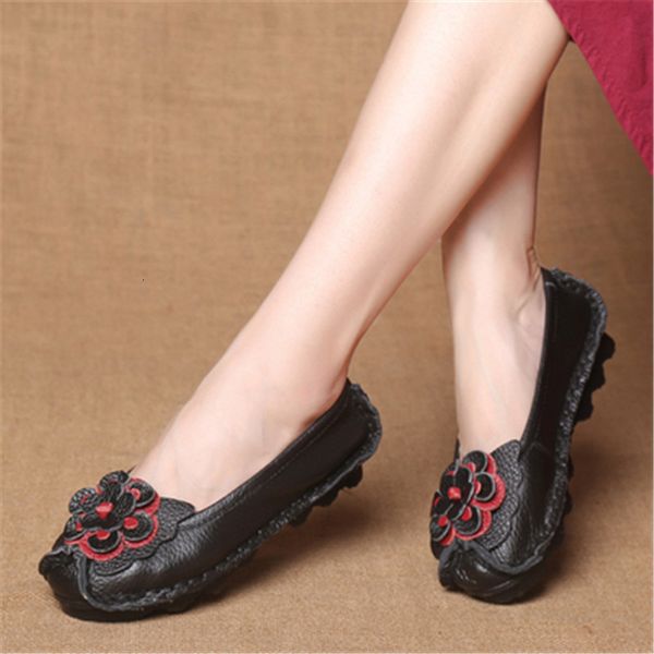 

of 2021 new the handmade ethnic women genuine apartments leather lazy shoes flowers macro moccasins slide in ladies'shoe 1yao, Black