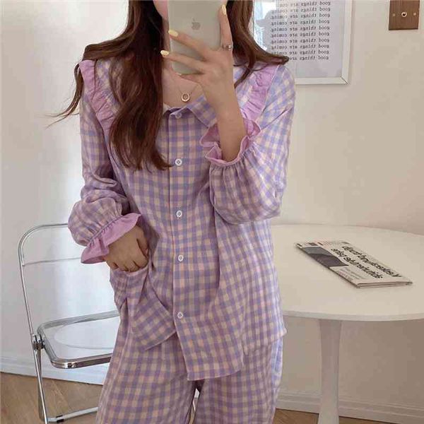 

spring lapel women plaid sleepwear casual contrasting color pajamas set female long sleeve pyjama sets nightshirt gilrls l039, Black;red