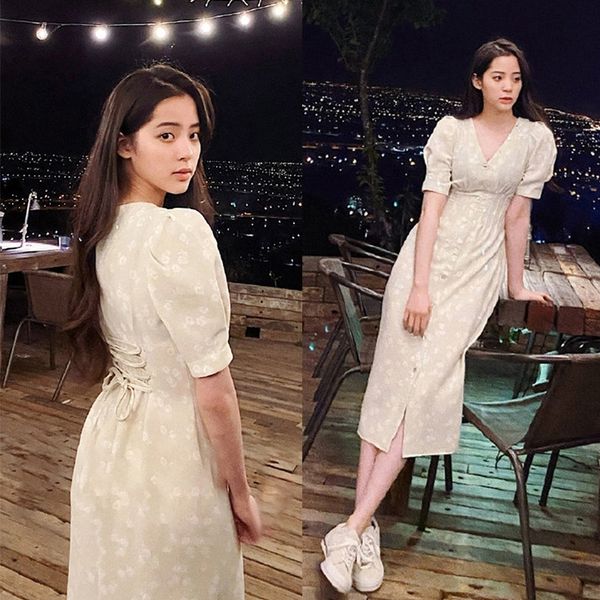

55n6u 2020 summer new women's ouyang nana dress v-collar same temperament daisy waist star bubble sleeve dress xikx0, Black;gray