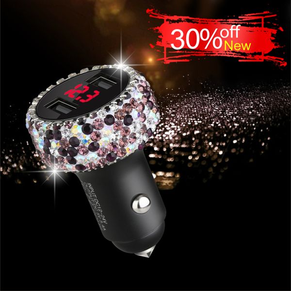 

bling crystal voltage current digital display fast charging dual usb car charger for iphone xiaomi mobile phone