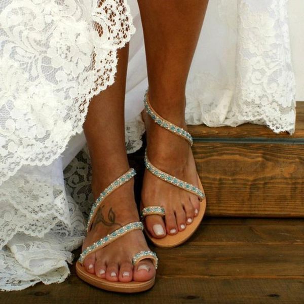 

sandals women sandal roman pearl strappy toe ring slip on flat shoes summer ladies beach casual female1, Black