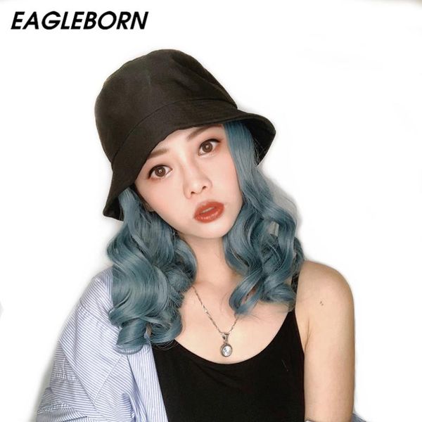 

wide brim hats bucket wig siamese woman fashion long curly hair body hat clip in gray green blue 14 16 18 cap, Blue;gray