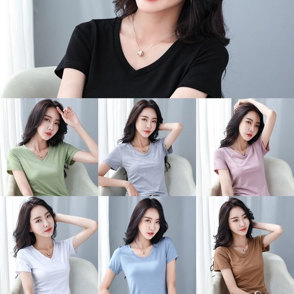 

2020 лето новый top нижнее белье короткий рукав футболки женщин корейской версии чистого хлопка тонкий верхний v-образный вырез ins с модным, White