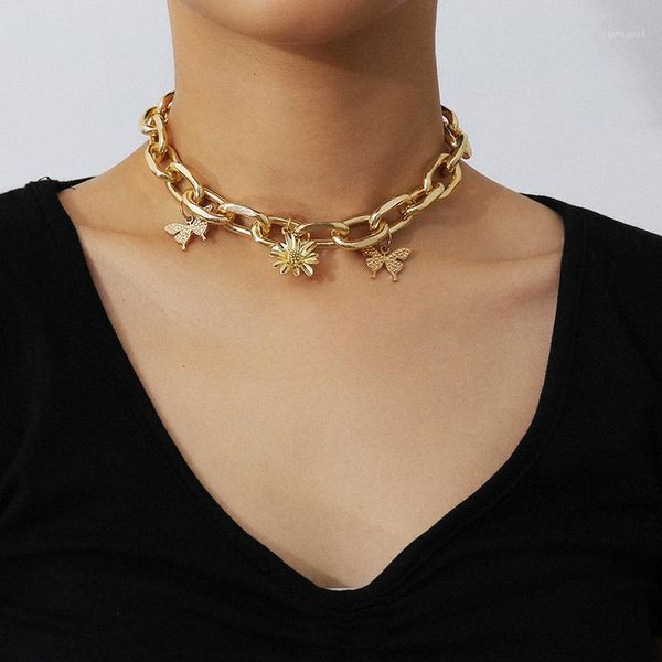 

chokers european and american mix match multiple flower pendant choker hip hop exaggerated thick chain butterfly necklace1, Golden;silver