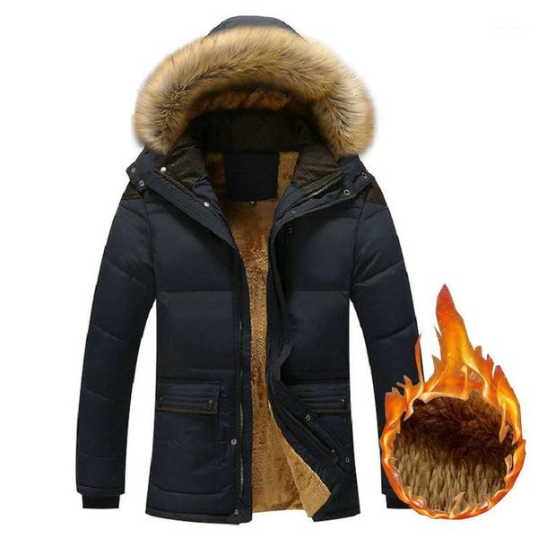 

2019 new men parka warm winter jacket man fleece thick hooded fur collar winter coats windbreak outwear male1, Black