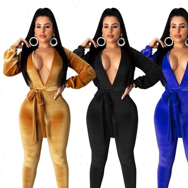 

winter velvet jumpsuit women deep v neck long sleeve rompers backless elegant female overalls streetwear warm tracksuits, Black;white